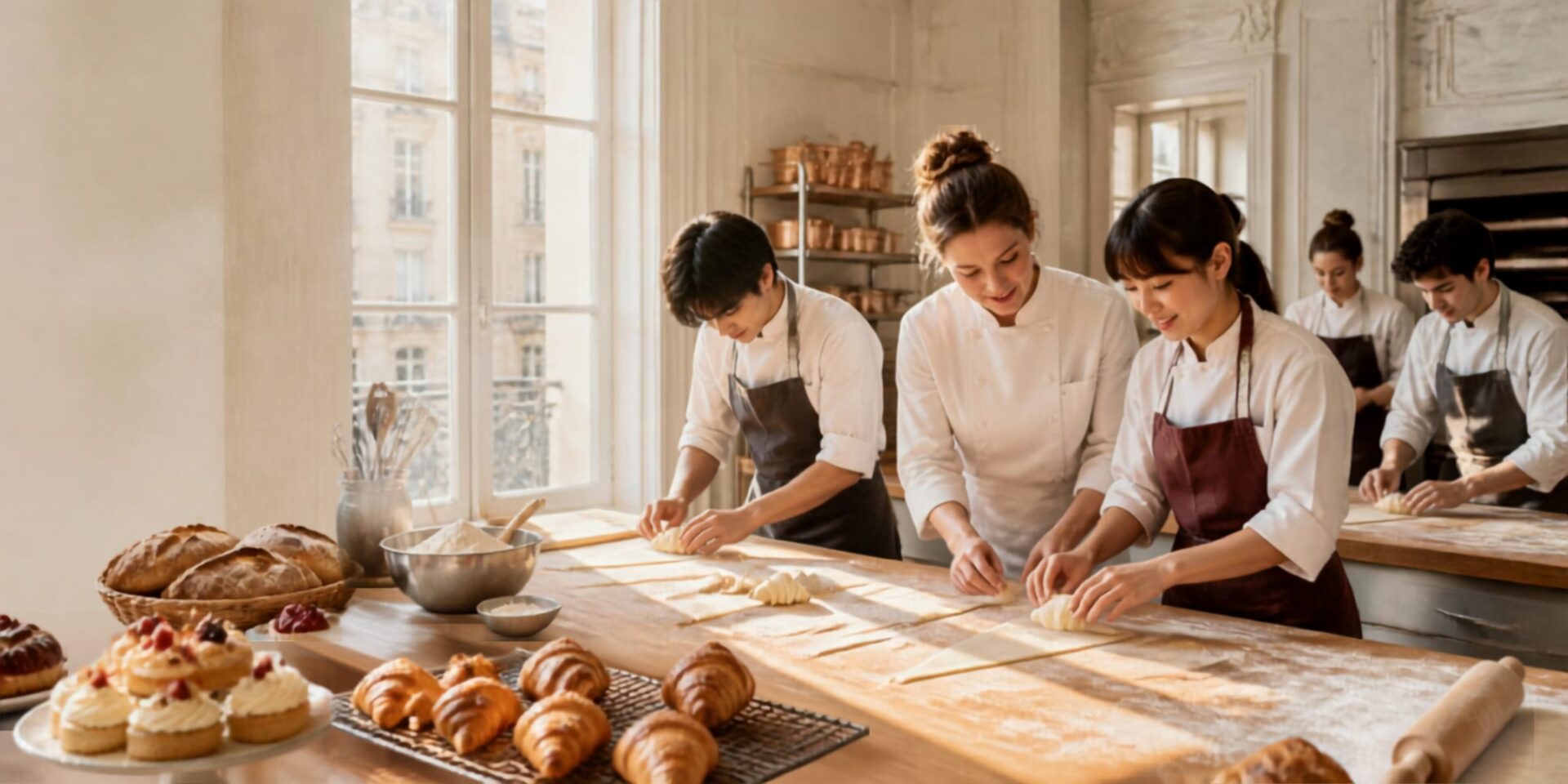 フランスの製菓・製パンスタージュでパンやお菓子づくりを学ぶ様子